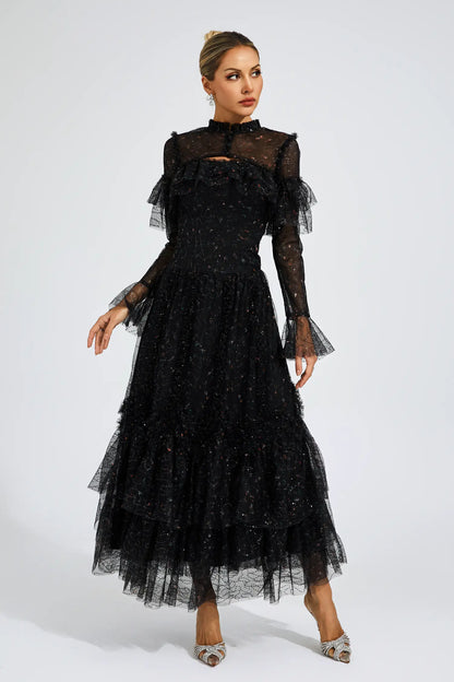 Clapham Black Mesh Floral Dress