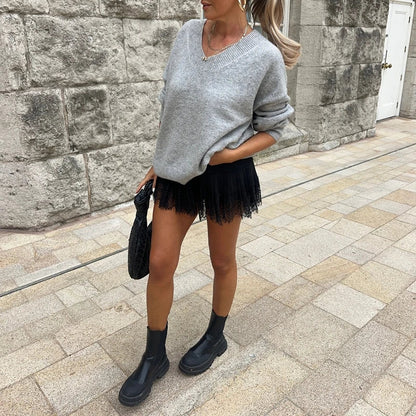 High Waist Pleated Lace Skirt