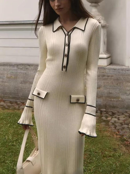 Rib Knit Polo Collar Contrast Trim Bell Sleeve Bodycon Midi Dress