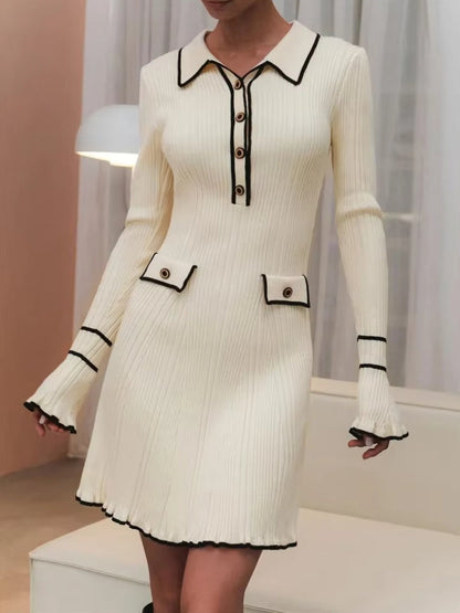 Rib Knit Polo Collar Contrast Trim Bell Sleeve Bodycon Midi Dress