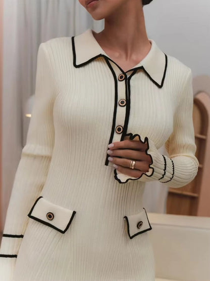 Rib Knit Polo Collar Contrast Trim Bell Sleeve Bodycon Midi Dress