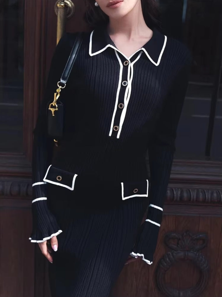 Rib Knit Polo Collar Contrast Trim Bell Sleeve Bodycon Midi Dress