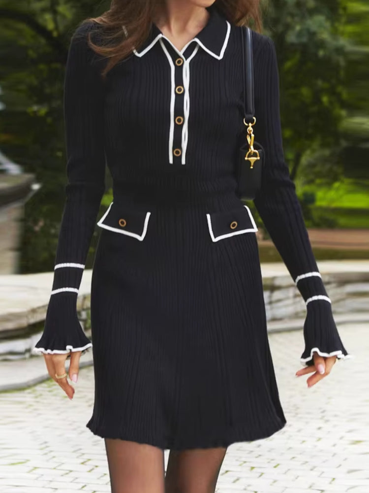 Rib Knit Polo Collar Contrast Trim Bell Sleeve Bodycon Midi Dress