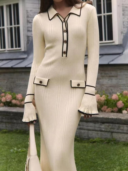 Rib Knit Polo Collar Contrast Trim Bell Sleeve Bodycon Midi Dress