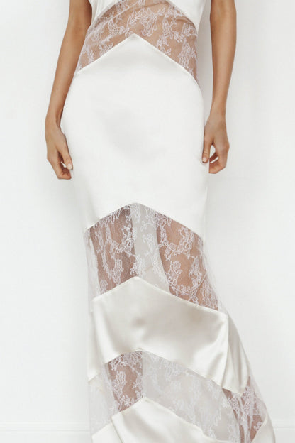 Clora Satin Halter Lace Maxi Dress - White