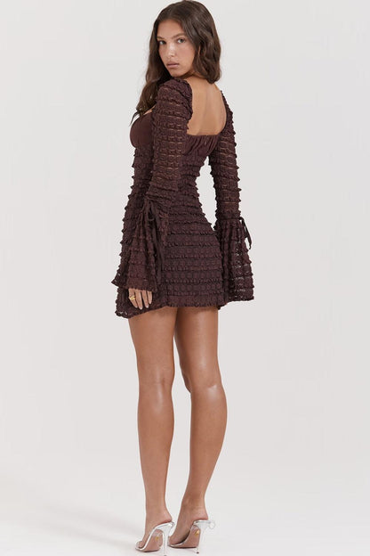 Tiered Lace Ruched Empire Waist Bell Cuff Long Sleeve Mini Dress