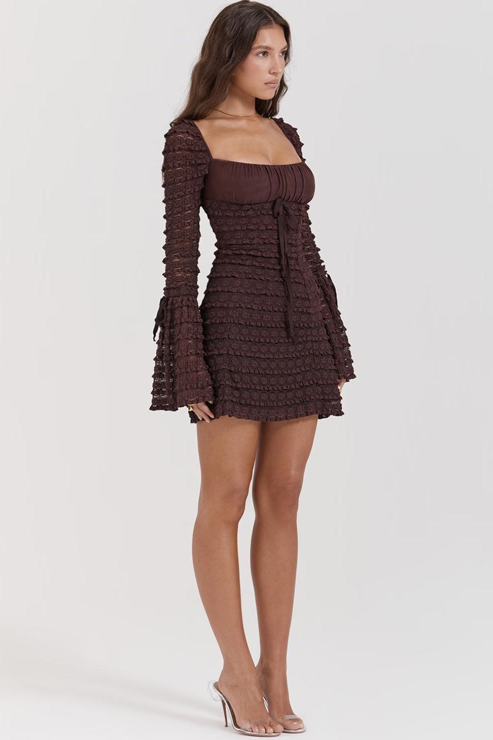 Tiered Lace Ruched Empire Waist Bell Cuff Long Sleeve Mini Dress
