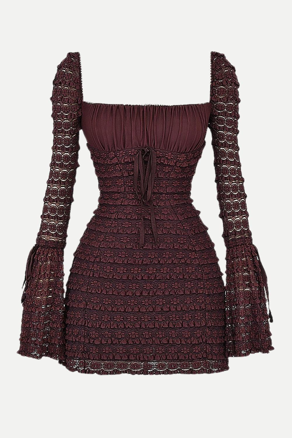 Tiered Lace Ruched Empire Waist Bell Cuff Long Sleeve Mini Dress
