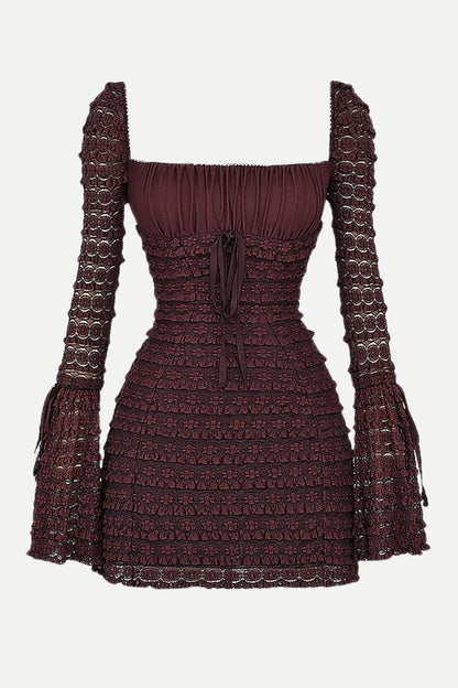 Tiered Lace Ruched Empire Waist Bell Cuff Long Sleeve Mini Dress