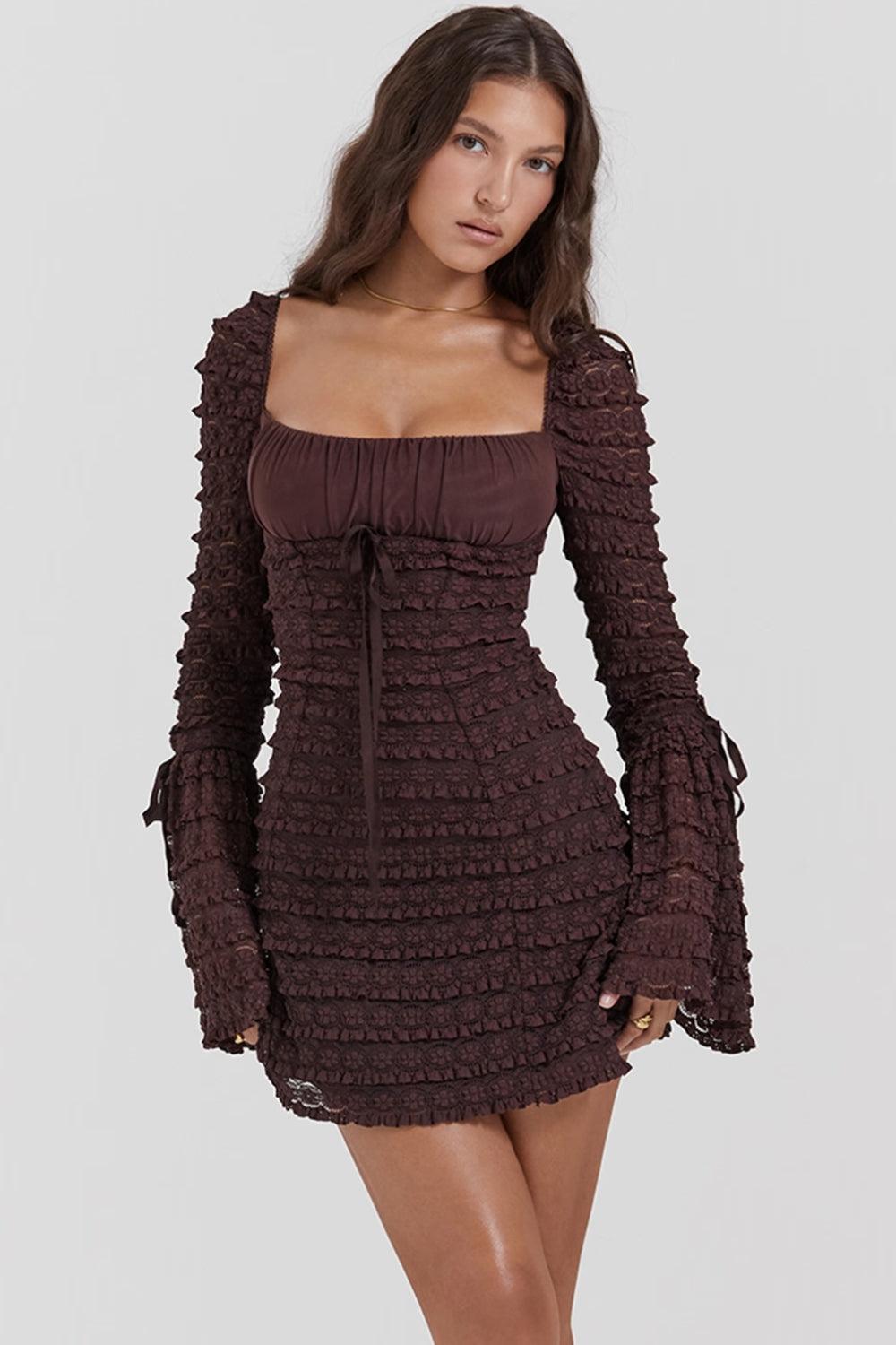 Tiered Lace Ruched Empire Waist Bell Cuff Long Sleeve Mini Dress