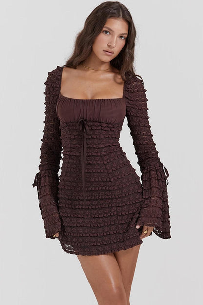 Tiered Lace Ruched Empire Waist Bell Cuff Long Sleeve Mini Dress