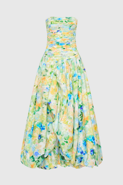 Coleka Floral Print Strapless Ruched Maxi Dress - Green
