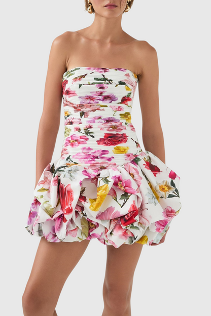 Coleka Floral Print Strapless Ruched Mini Dress - Floral pink