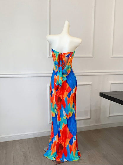 Colorful Floral Strapless Ruched Maxi Dress Summer Statement Piece