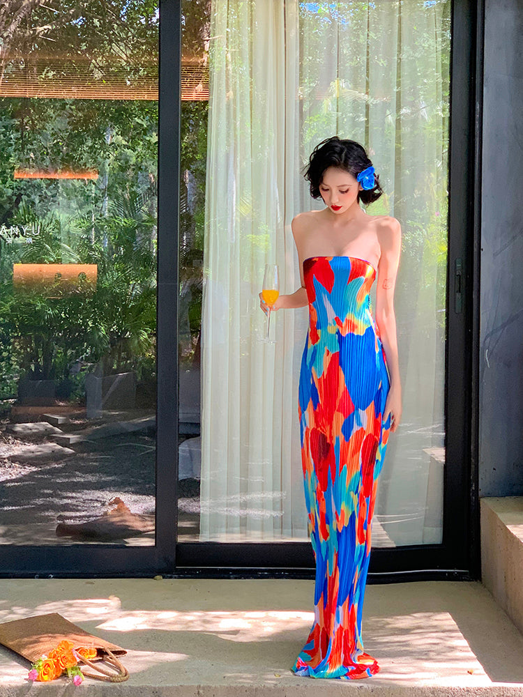 Colorful Floral Strapless Ruched Maxi Dress Summer Statement Piece