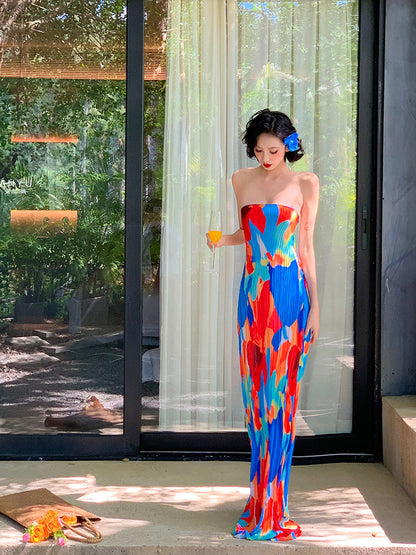 Colorful Floral Strapless Ruched Maxi Dress Summer Statement Piece