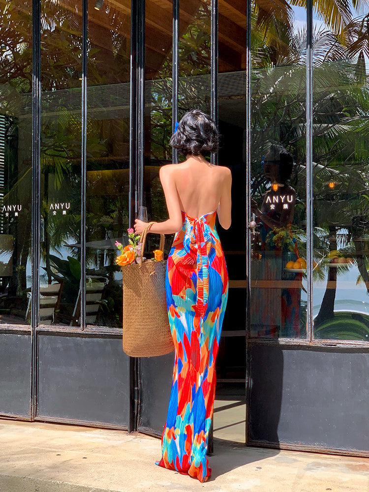 Colorful Floral Strapless Ruched Maxi Dress Summer Statement Piece