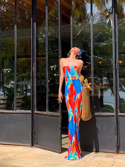 Colorful Floral Strapless Ruched Maxi Dress Summer Statement Piece