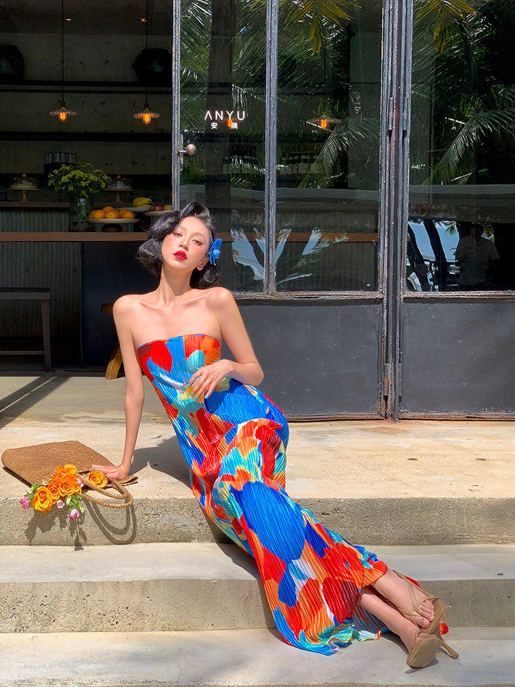 Colorful Floral Strapless Ruched Maxi Dress Summer Statement Piece