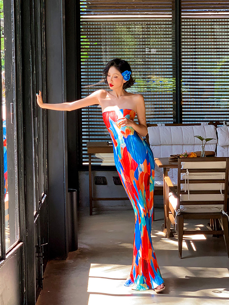 Colorful Floral Strapless Ruched Maxi Dress Summer Statement Piece