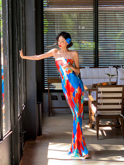 Colorful Floral Strapless Ruched Maxi Dress Summer Statement Piece