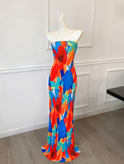 Colorful Floral Strapless Ruched Maxi Dress Summer Statement Piece
