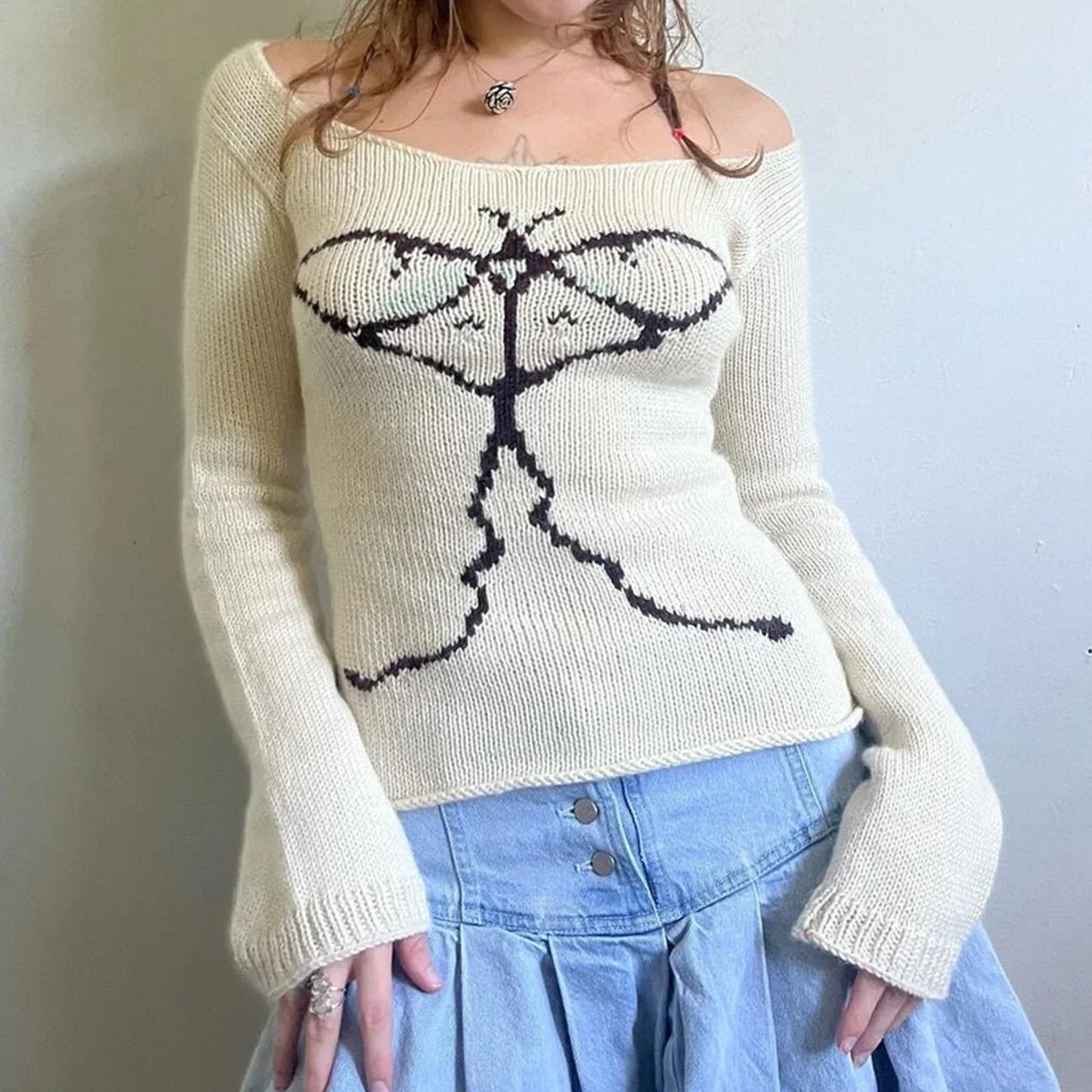 Y2K Vintage Off Shoulder Slim Fit Aesthetic Knit Top