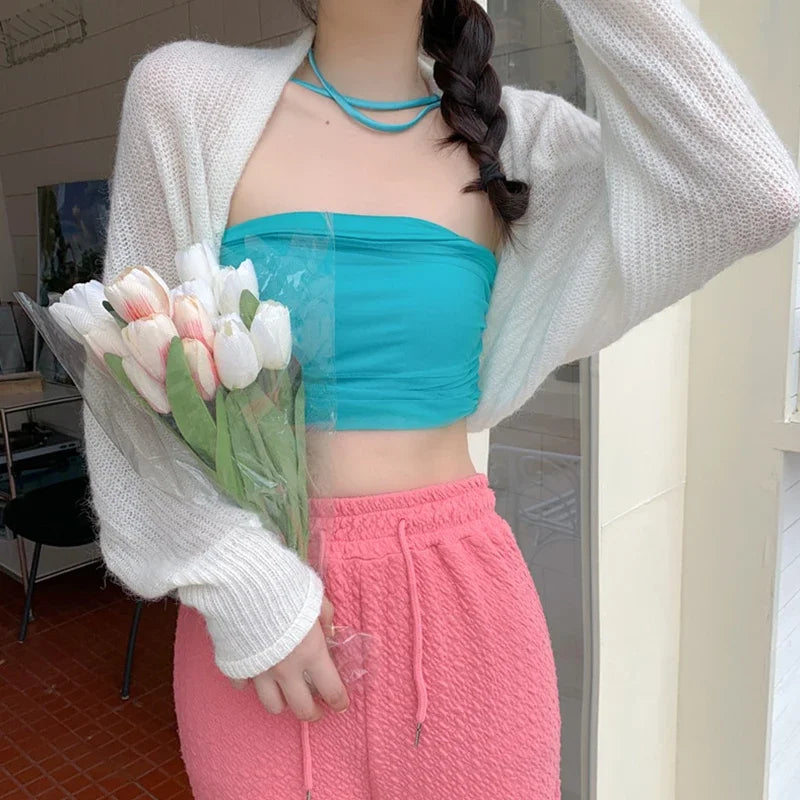Transparent Sun Protection Open Front Cropped Knit Cardigan