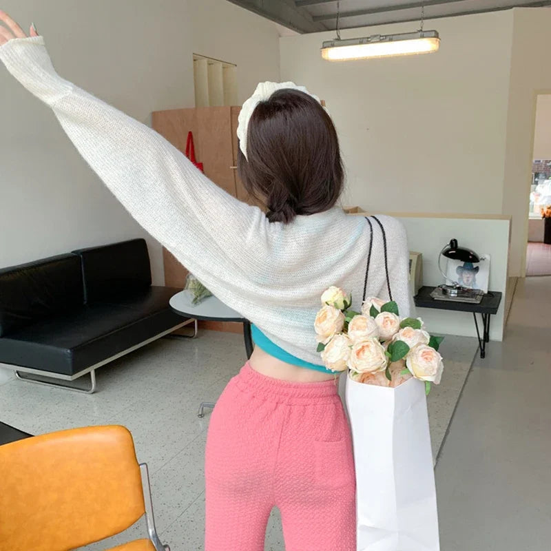Transparent Sun Protection Open Front Cropped Knit Cardigan