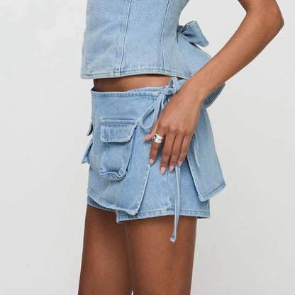 Denim Bow Knot Patchwork Skirt