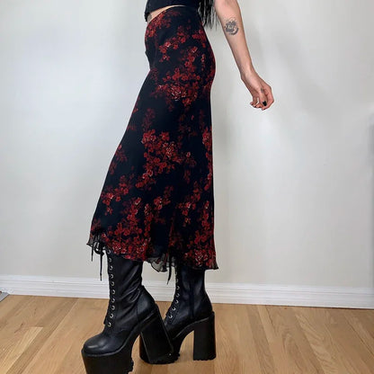 Y2K Retro Floral Printed High Waist Ruffled Women's Long Skirt