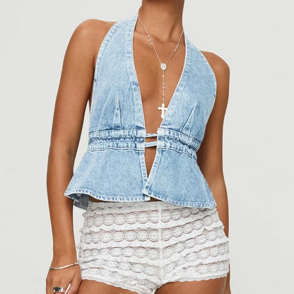 Bow Tie-Up Denim Crop Top