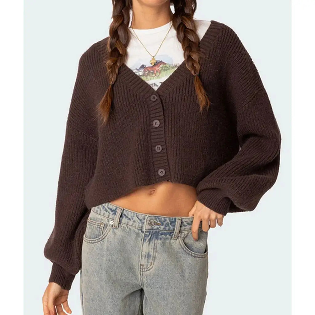 Solid Lantern Sleeve Button Down Knit Cardigan