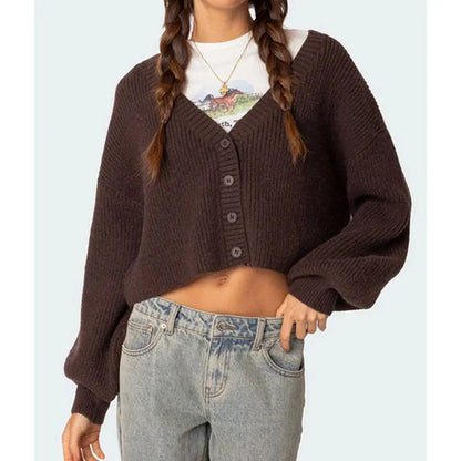 Solid Lantern Sleeve Button Down Knit Cardigan