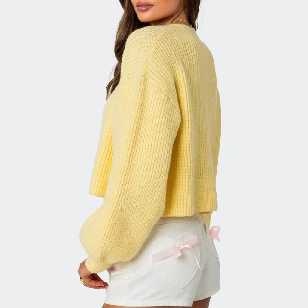 Solid Lantern Sleeve Button Down Knit Cardigan