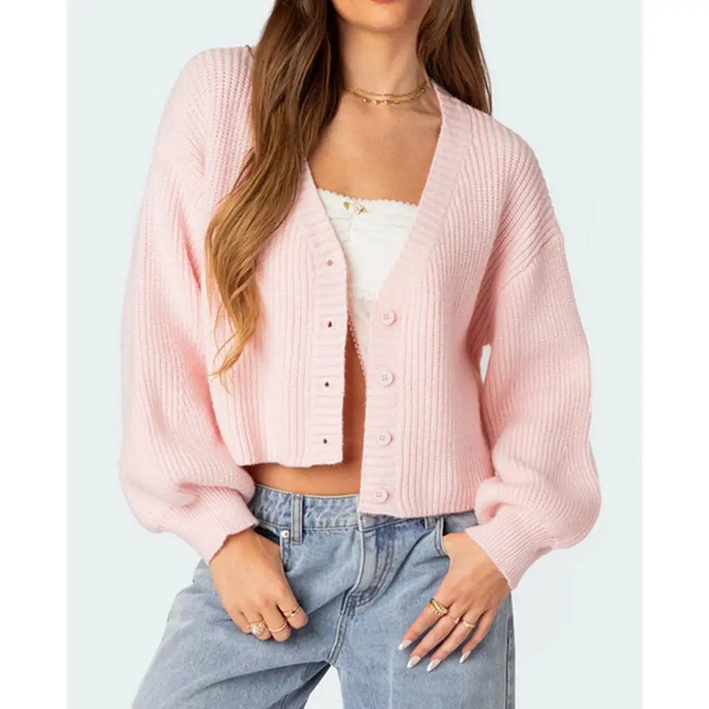 Solid Lantern Sleeve Button Down Knit Cardigan