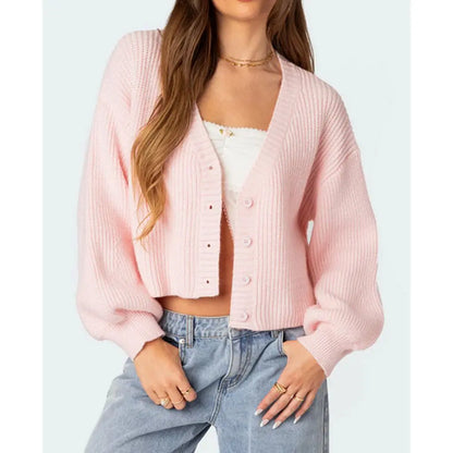 Solid Lantern Sleeve Button Down Knit Cardigan