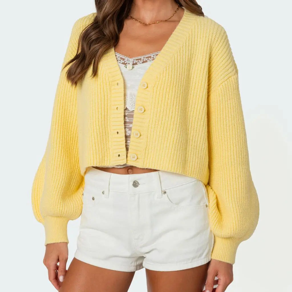 Solid Lantern Sleeve Button Down Knit Cardigan