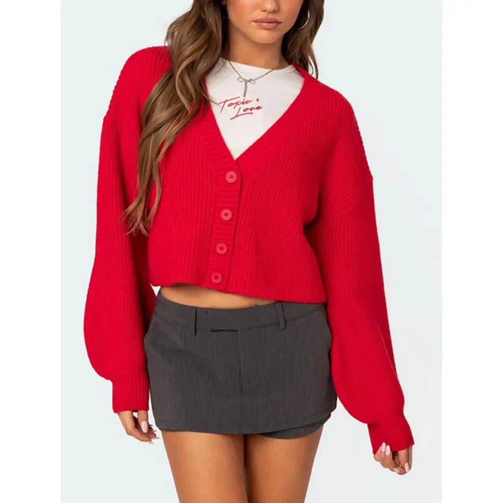 Solid Lantern Sleeve Button Down Knit Cardigan