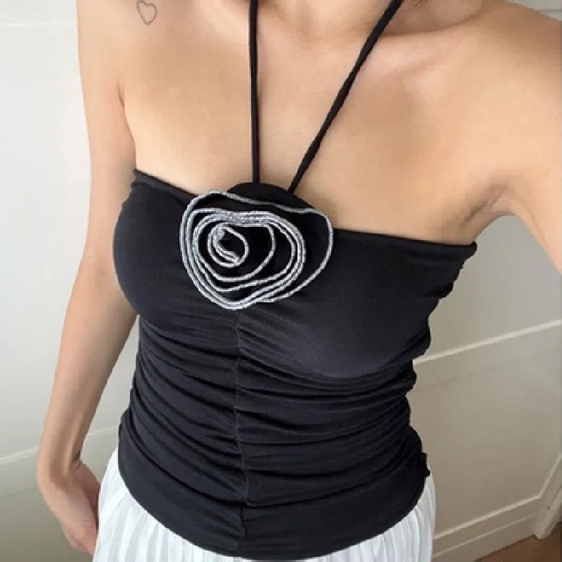 3D Rosette Halter Crop Top