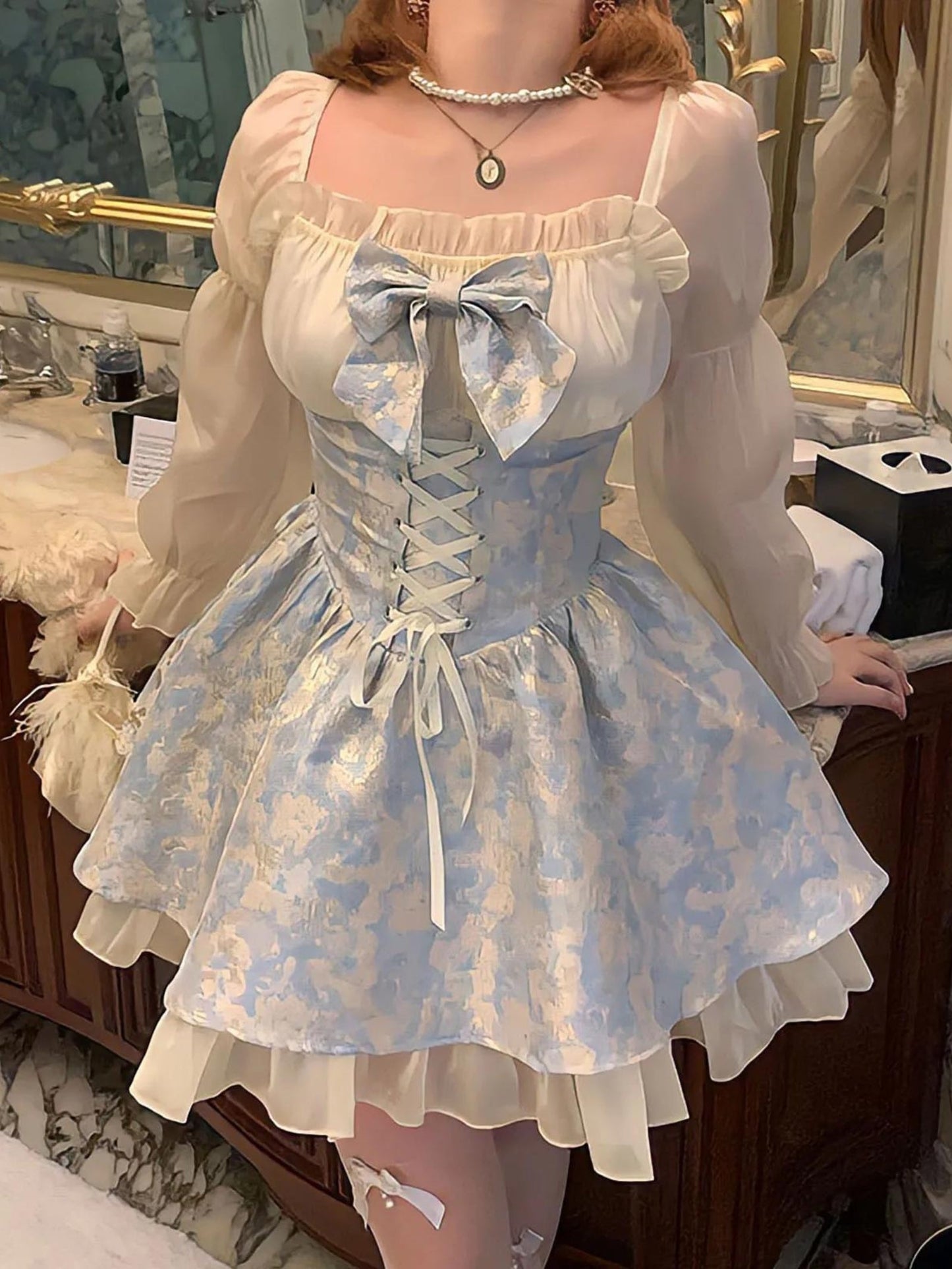 Square Neck Lace Up Corset Bow Front Puff Sleeve Floral Tiered Mini Dress