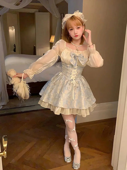 Square Neck Lace Up Corset Bow Front Puff Sleeve Floral Tiered Mini Dress