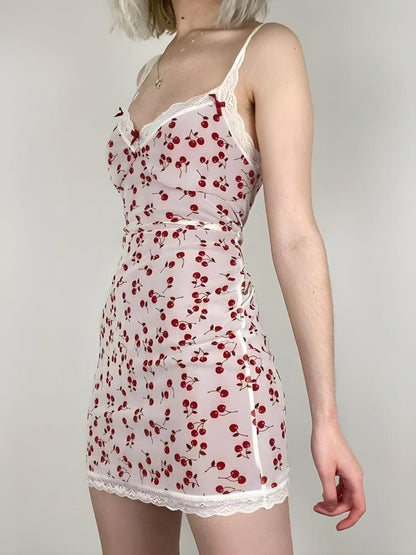 Print Lace Trim Bow Accent Deep V-Neck Slip Mini Dress