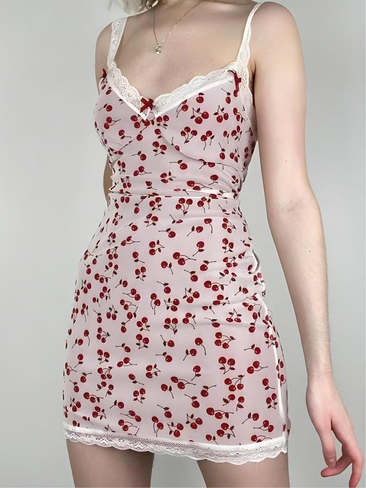 Print Lace Trim Bow Accent Deep V-Neck Slip Mini Dress