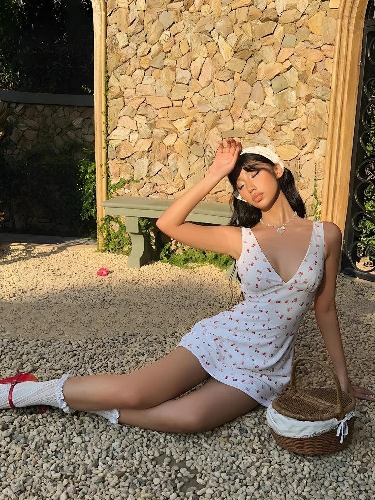 Fruit Print Plunge V-Neck Sleeveless Fit-and-Flare Mini Dress