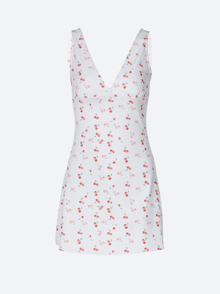 Fruit Print Plunge V-Neck Sleeveless Fit-and-Flare Mini Dress