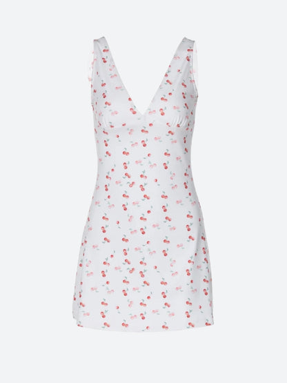 Fruit Print Plunge V-Neck Sleeveless Fit-and-Flare Mini Dress