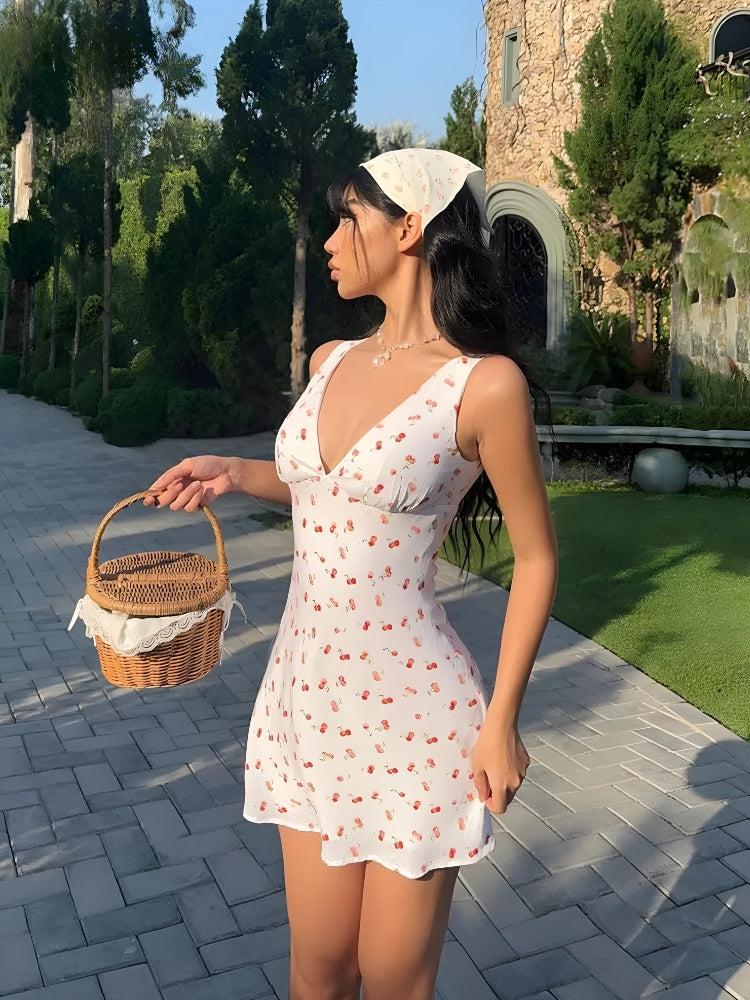 Fruit Print Plunge V-Neck Sleeveless Fit-and-Flare Mini Dress