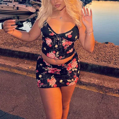 Floral Lace V Neck Spaghetti Strap Crop Top Mini Pencil Skirt Two Pieces Set