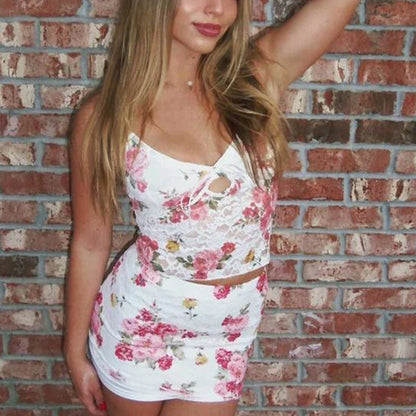 Floral Lace V Neck Spaghetti Strap Crop Top Mini Pencil Skirt Two Pieces Set